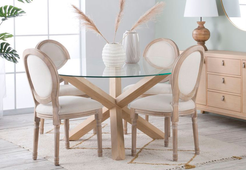 conjunto de mesa cristal redonda con sillas estilo luis XVI